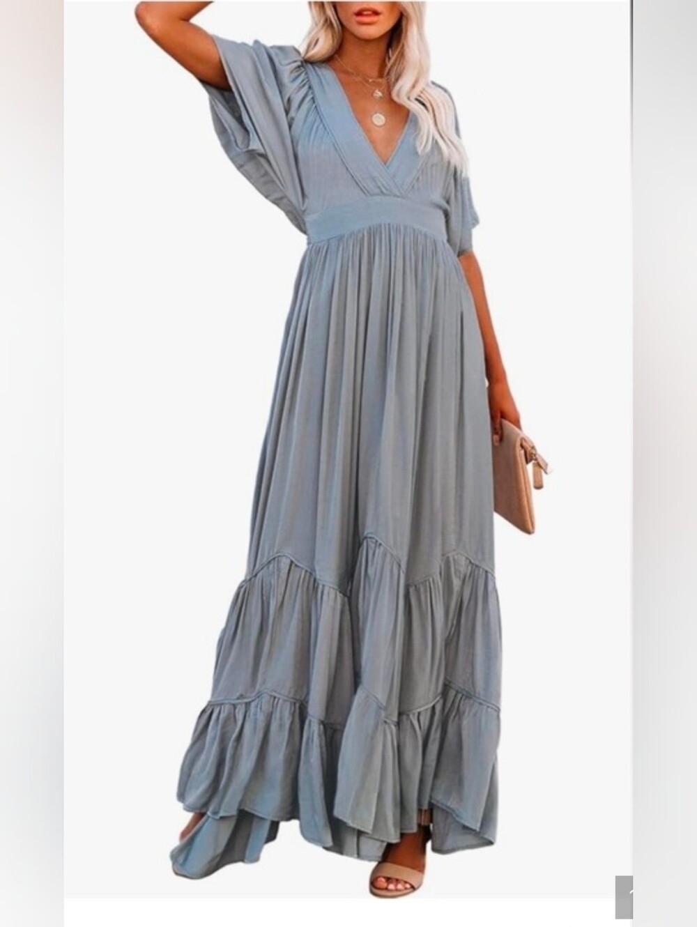 Storia Dusty Blue V-Neck Tiered Maxi Dress